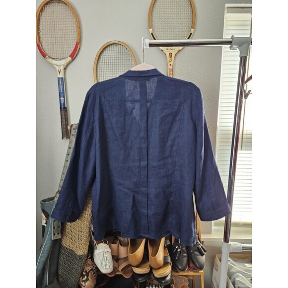 Lafayette 148 Navy Linen Pintuck Button Front Blouse Size 14 Unique - Picture 5 of 9